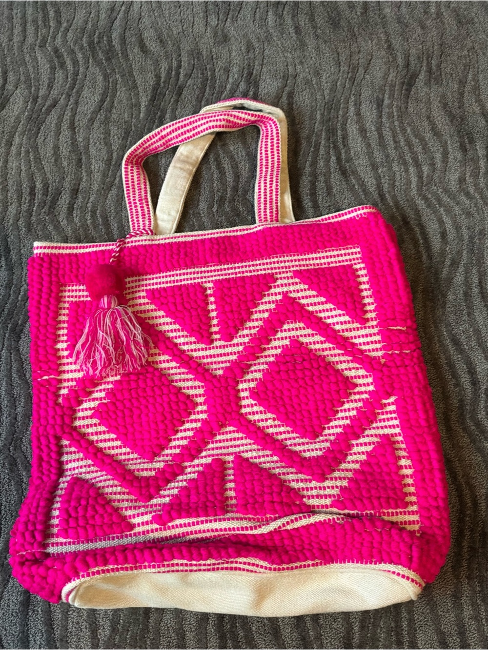 Bright Pink & Cream Woven Tote with Tassel Accent